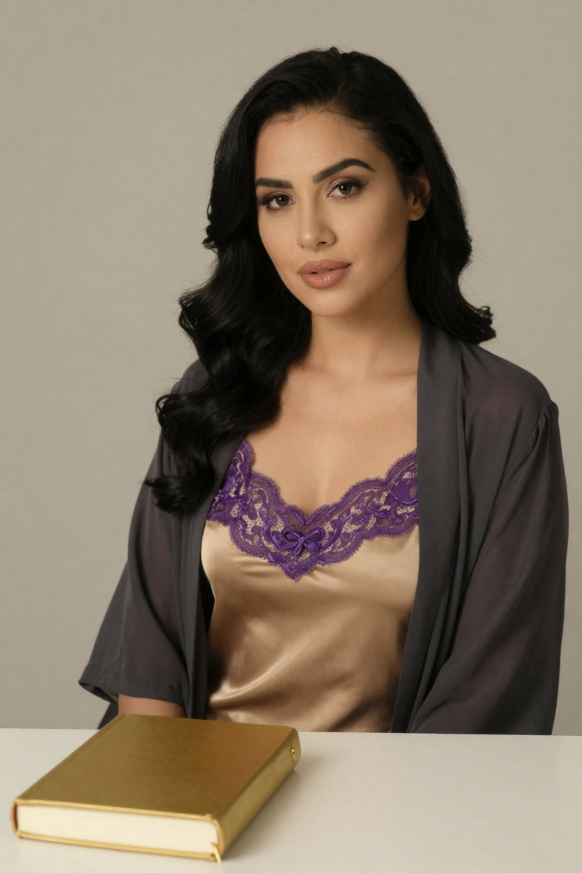 Fictional 27-year-old woman, black hair in long polished waves over one shoulder, fair skin with a